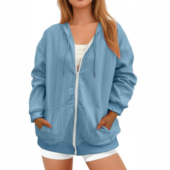 Zipped Hoodies for Women Fall Winter Jacket Full Zip Hoody Sweatshirts Warm Oversized Long Sleeve Hooded Sweat Tops Womens Knit Jacket Zipped Hoodie Thermal Outwear light blue S