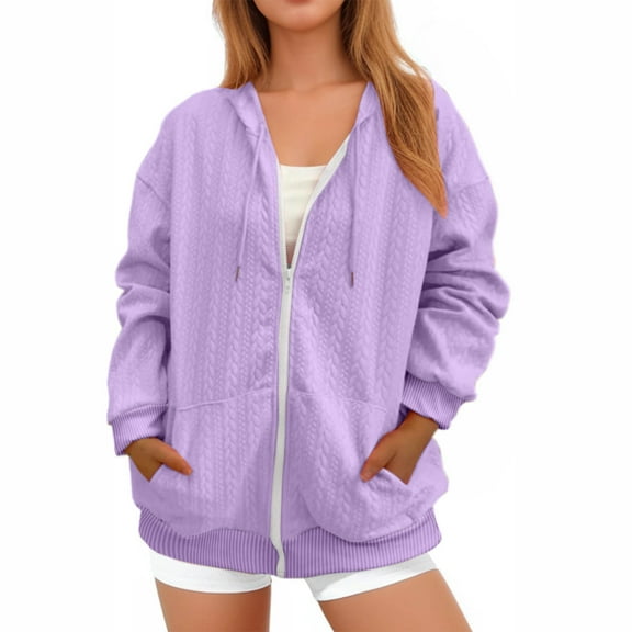 Zipped Hoodies for Women Fall Winter Jacket Full Zip Hoody Sweatshirts Warm Oversized Long Sleeve Hooded Sweat Tops Womens Knit Jacket Zipped Hoodie Thermal Outwear purple XL