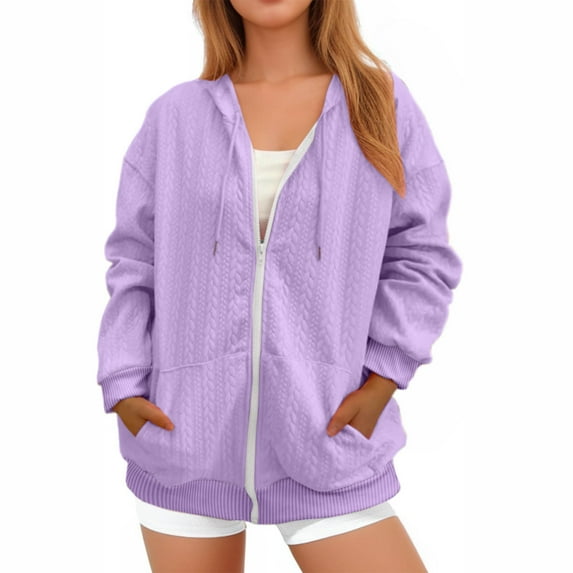 Zipped Hoodies for Women Fall Winter Jacket Full Zip Hoody Sweatshirts Warm Oversized Long Sleeve Hooded Sweat Tops Womens Knit Jacket Zipped Hoodie Thermal Outwear purple XXL