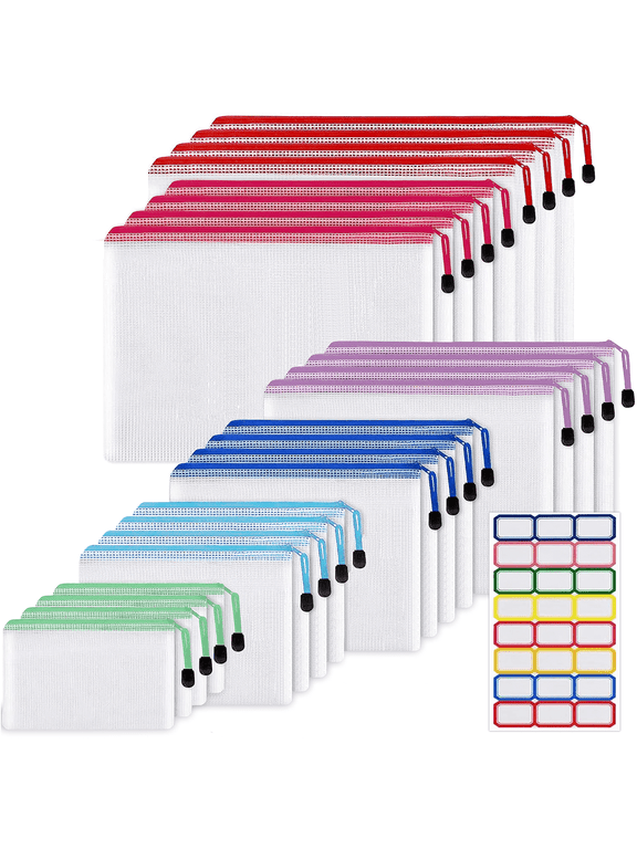 24pcs Mesh Zipper Pouch Bags, 6 Sizes Plastic Bags, 6 Colors Waterproof Pouches with Slide Fastener for Organization, Multipurpose for Travel, School Supplies, Office and Home Organization