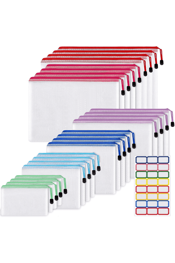 24pcs Mesh Zipper Pouch Bags, 6 Sizes Plastic Bags, 6 Colors Waterproof Pouches with Slide Fastener for Organization, Multipurpose for Travel, School Supplies, Office and Home Organization