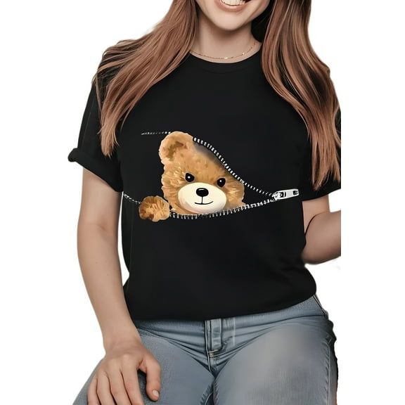 Zipper Bear Women's Short Sleeve Graphic T-Shirt 1 Pcs Tee 100% Heavy Cotton - Comfortable Crew Neck, Soft Tees Casual Tops
