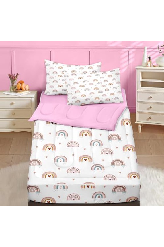 Zipper Bedding Full Rainbow Heart Zip Up Bedding Set for Girls and Kids, Pink Boho 3 Pcs Comforter Bed in a Bag with Fitted Sheet and 2 Pcs Pillowcases