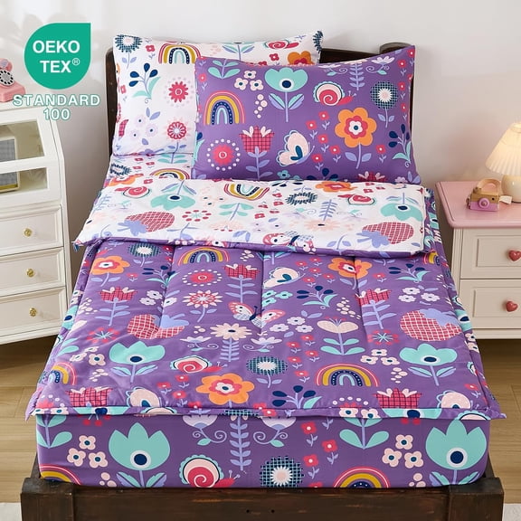 Zipper Bedding Set Twin, Floral Bedding Sets for Girls, Kids Comforter Set with Fitted Sheet Pillowcases, All in One Zipper Bed Set for All Seasons