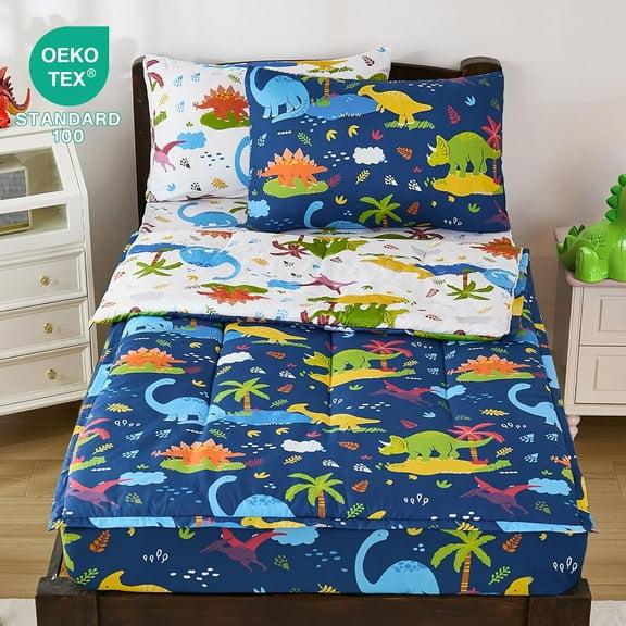 Zipper Bedding Set Twin, Navy Blue Dinosaur Bedding Sets for Boys, Kids Comforter Set with Fitted Sheet Pillowcases, All in One Zipper Bed Set for All Seasons