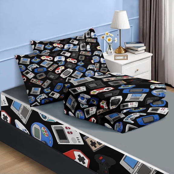 Zipper Bedding Twin Retro Colorful Gamepad Zip Up Bedding Set for Boys and Kids, Gaming Controller 3 Pcs Comforter Bed in a Bag with Fitted Sheet and 2 Pcs Pillowcases