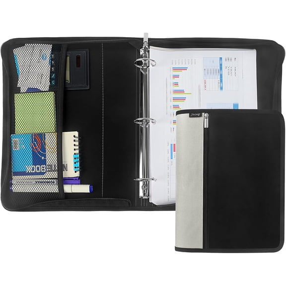 Zipper Binder 1.5 Inch Round 3-Ring Binder, Zippered Grip Pockets Storage Bag Business Office Supplies for Men Women (Grey)