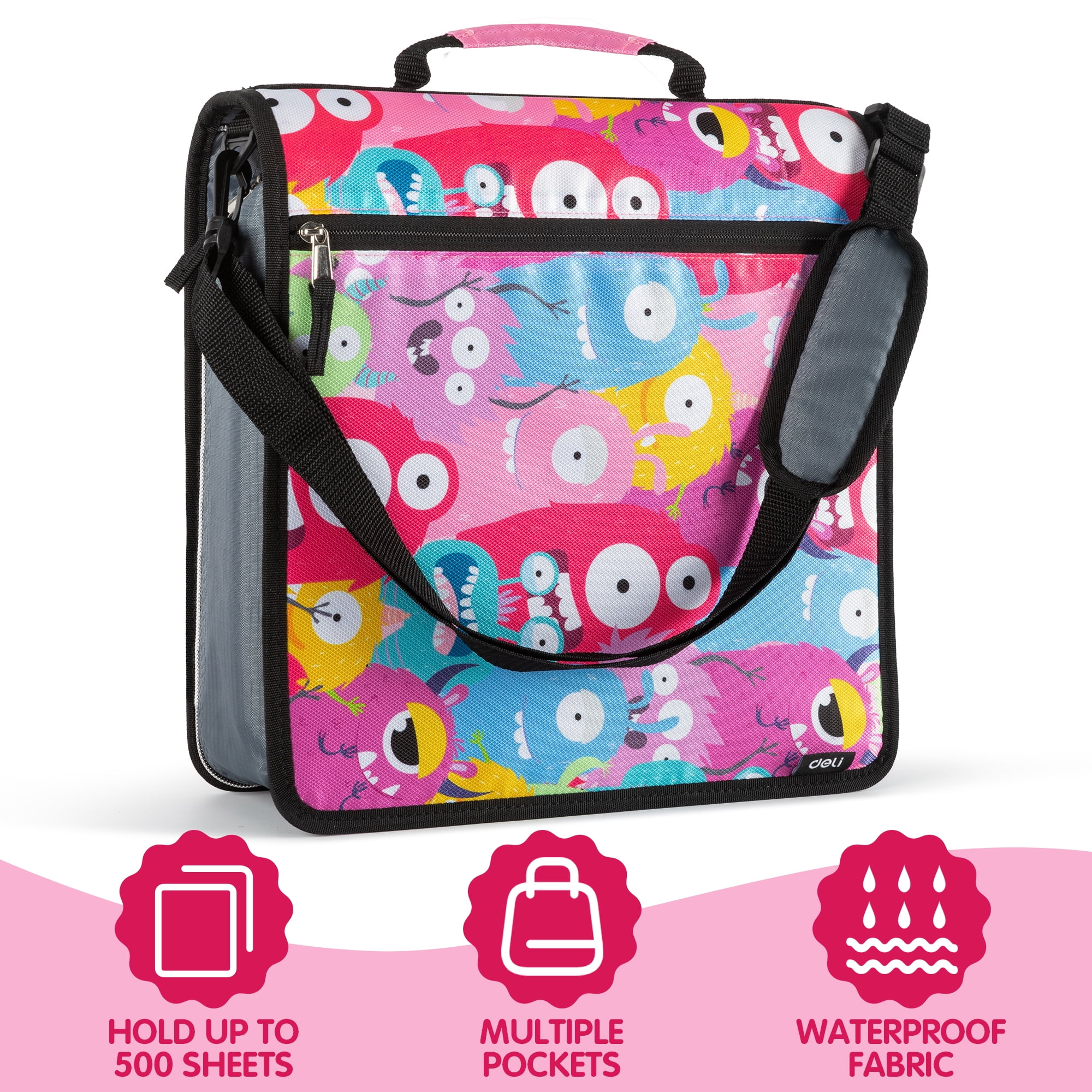 Deli Zipper Binder 3 inch 3 Ring 700 Sheet Capacity Multi-Pocket Waterproof Binder with 5-Color tabbes, Shoulder Strap and HandleAssorted Color