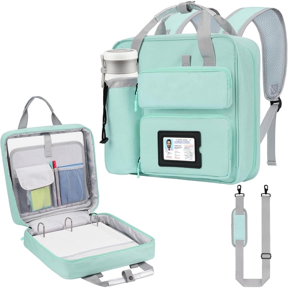 Zipper Binder 3 Ring 3-inch with Shoulder Strap & Backpack Straps, 700 Sheets Capacity Multiple Pockets Large Zip Up Binder File Folder Bag Fits 13 Inch Laptop, Green