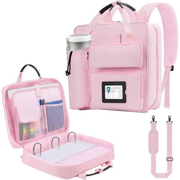 Zipper Binder 3 Ring 3-inch with Shoulder Strap & Backpack Straps, 700 Sheets Capacity Multiple Pockets Large Zip Up File Folder Bag Fits 13 Inch Laptop, Pink
