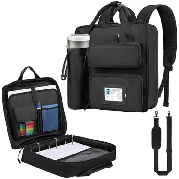 Zipper Binder 3 Ring 3-inch with Shoulder Strap & Backpack Straps, Black 700 Sheets Capacity Large Zip Up Binder Multiple Pockets File Folder Bag Fits 13 Inch Laptop$$Office