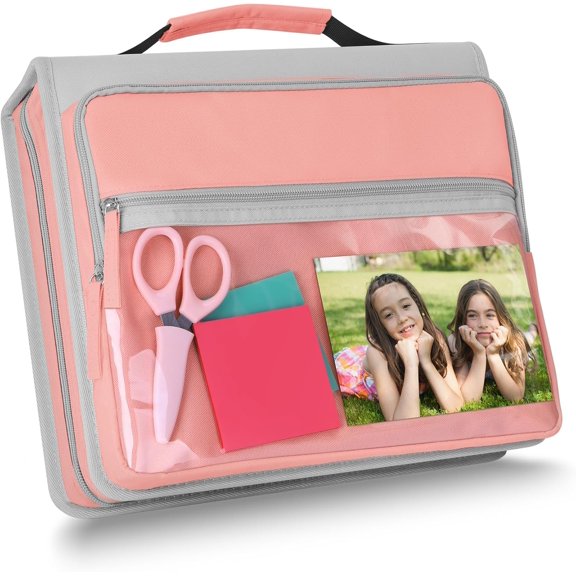 Zipper Binder 3 Ring with Handle, 2 Inch O-Ring Document Organizer Middle School Binder with Zipper for Students, 5-Tab Expanding File Folder & 2 Mesh Pouches, DIY Clear Front Pocket, Pink