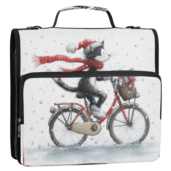 Zipper Binder 3 Rings Stationery Office Files Daily Organizer File Folder Storage Bag Black Cat Riding A Bicycle