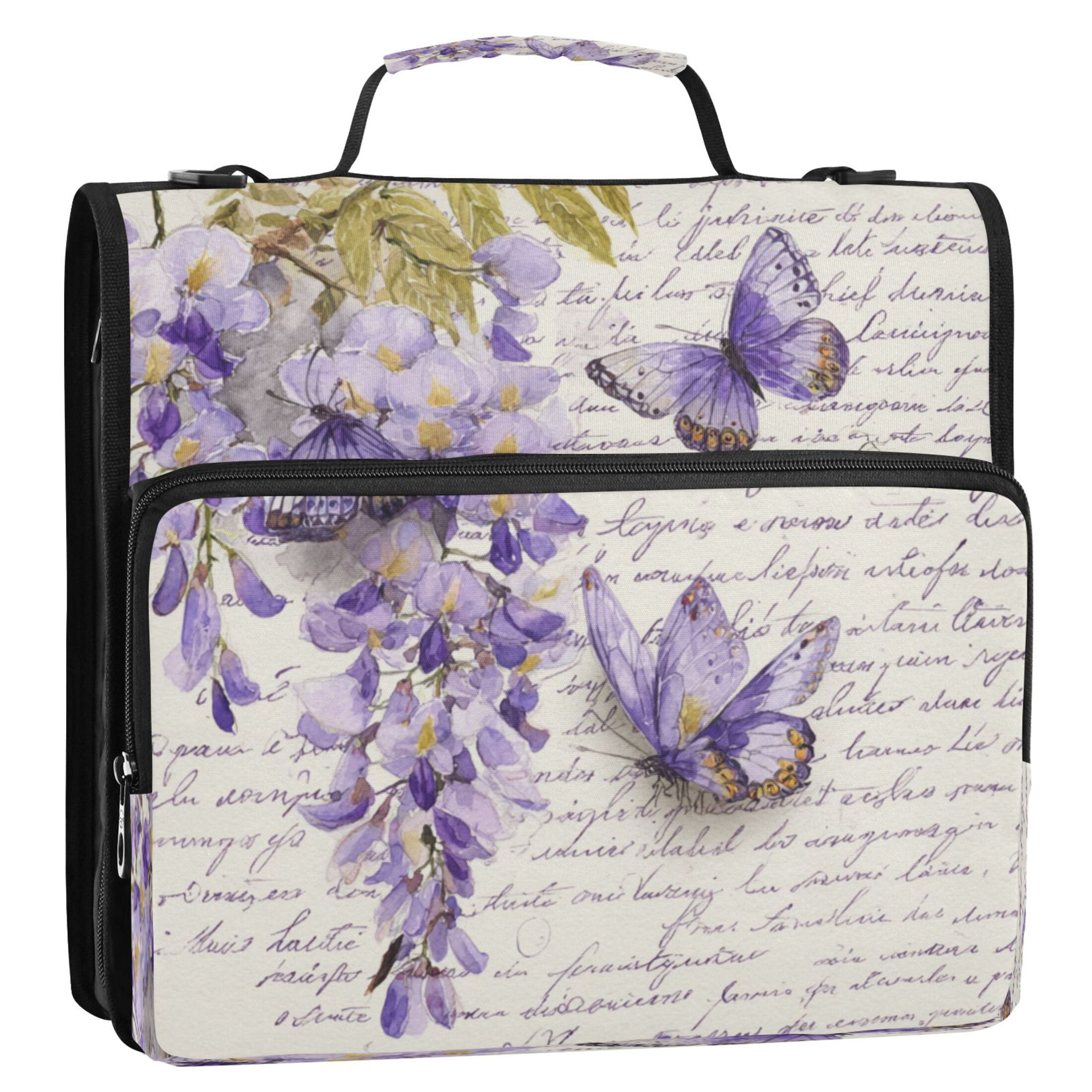 Zipper Binder 3 Rings Stationery Office Files Daily Organizer File Folder Storage Bag Butterflies and Wisteria Flowers