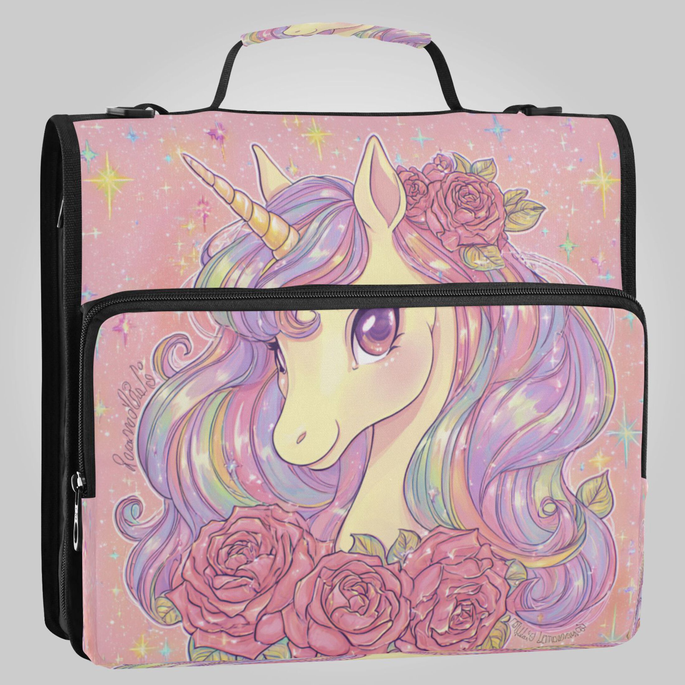 Zipper Binder 3 Rings Stationery Office Files Daily Organizer File Folder Storage Bag Cute Unicorn with Elegant Roses
