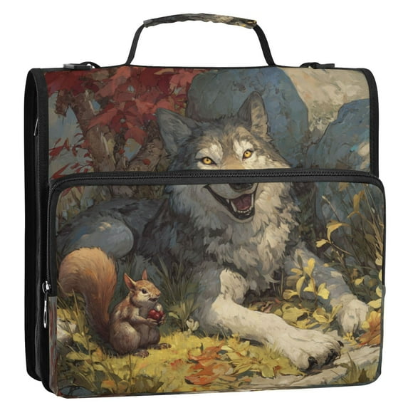 Zipper Binder 3 Rings Stationery Office Files Daily Organizer File Folder Storage Bag Gray Wolf and Squirrel