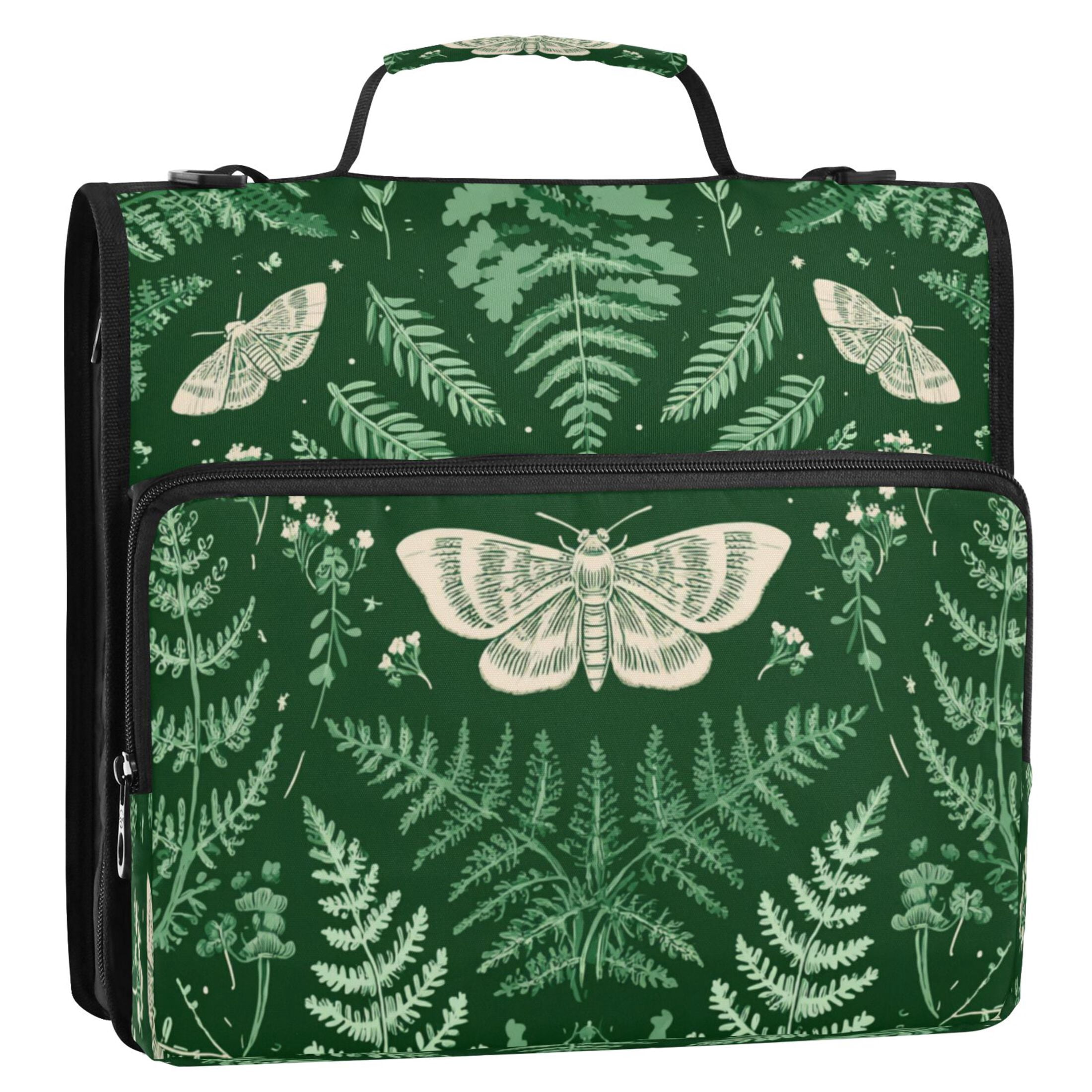 Zipper Binder 3 Rings Stationery Office Files Daily Organizer File Folder Storage Bag Green Ferns and Moths