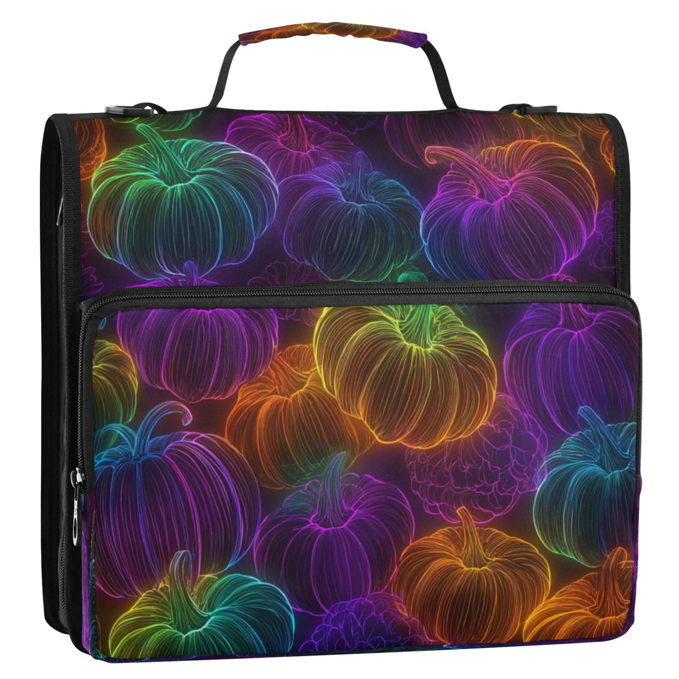 Zipper Binder 3 Rings Stationery Office Files Daily Organizer File Folder Storage Bag Neon-glowing Pumpkins Pattern