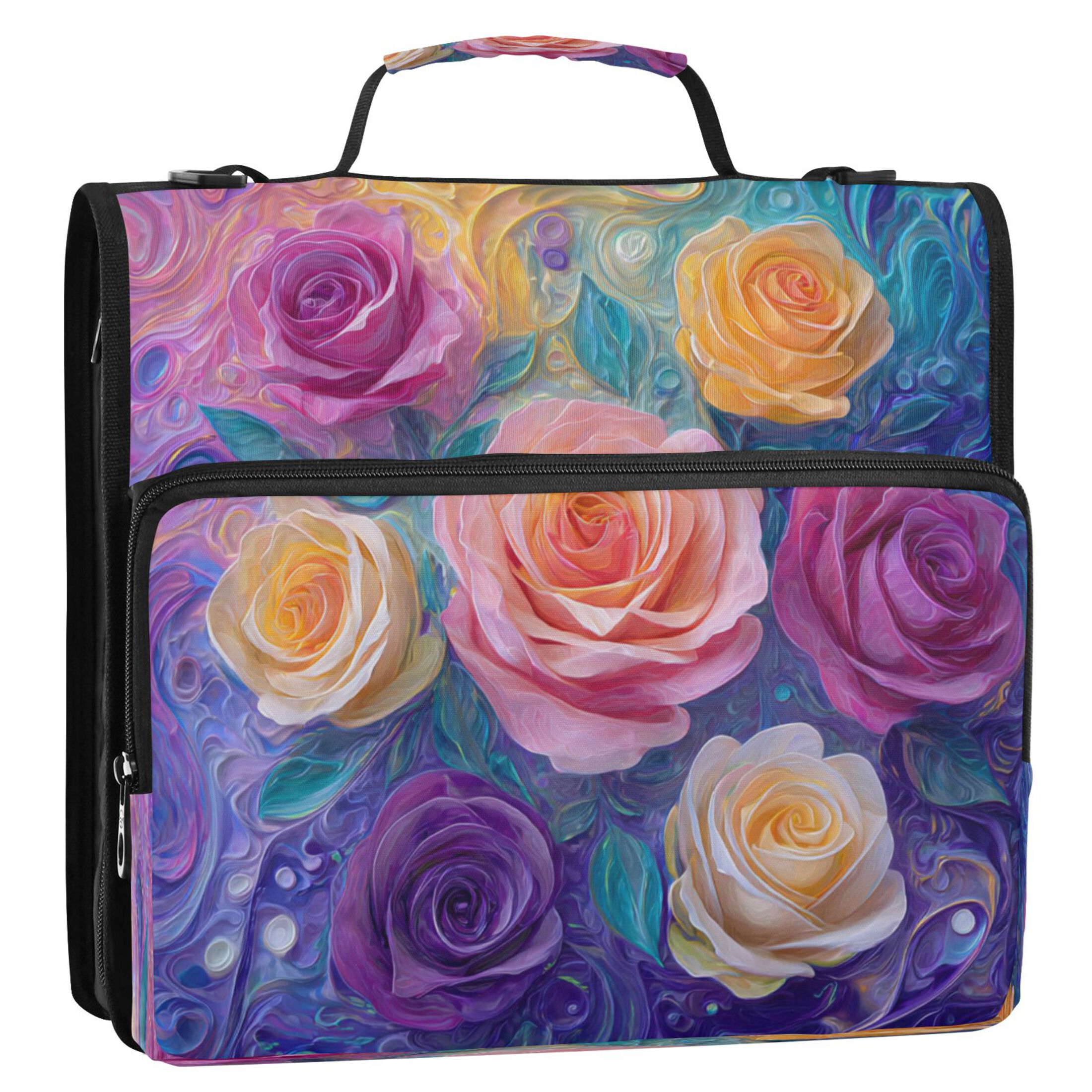 Zipper Binder 3 Rings Stationery Office Files Daily Organizer File Folder Storage Bag Rainbow Hues Roses