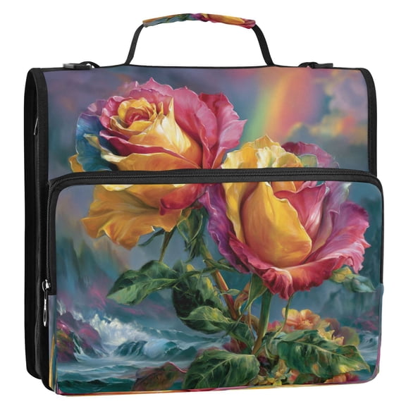 Zipper Binder 3 Rings Stationery Office Files Daily Organizer File Folder Storage Bag Rainbow Wave Roses