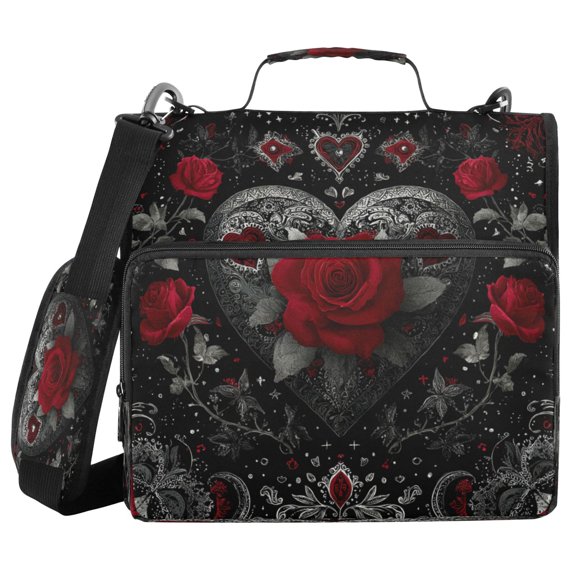 Zipper Binder 3 Rings Stationery Office Files Daily Organizer File Folder Storage Bag Silver and Bright Red Roses