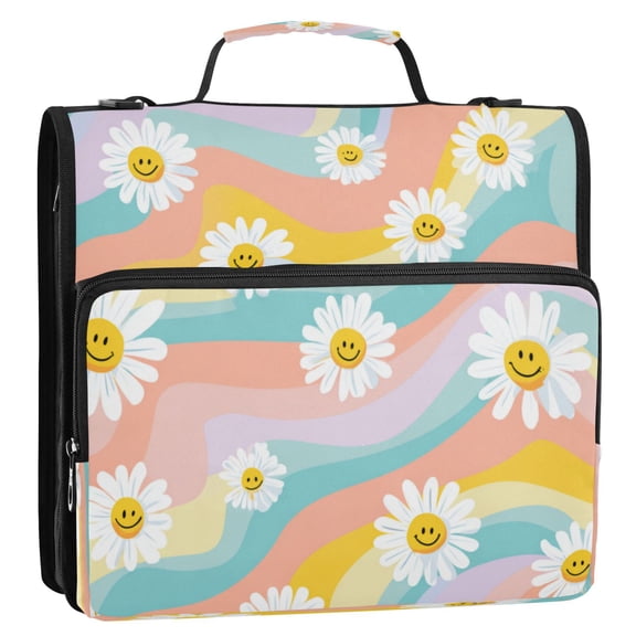 Zipper Binder 3 Rings Stationery Office Files Daily Organizer File Folder Storage Bag Smiling Daisies with Rainbow