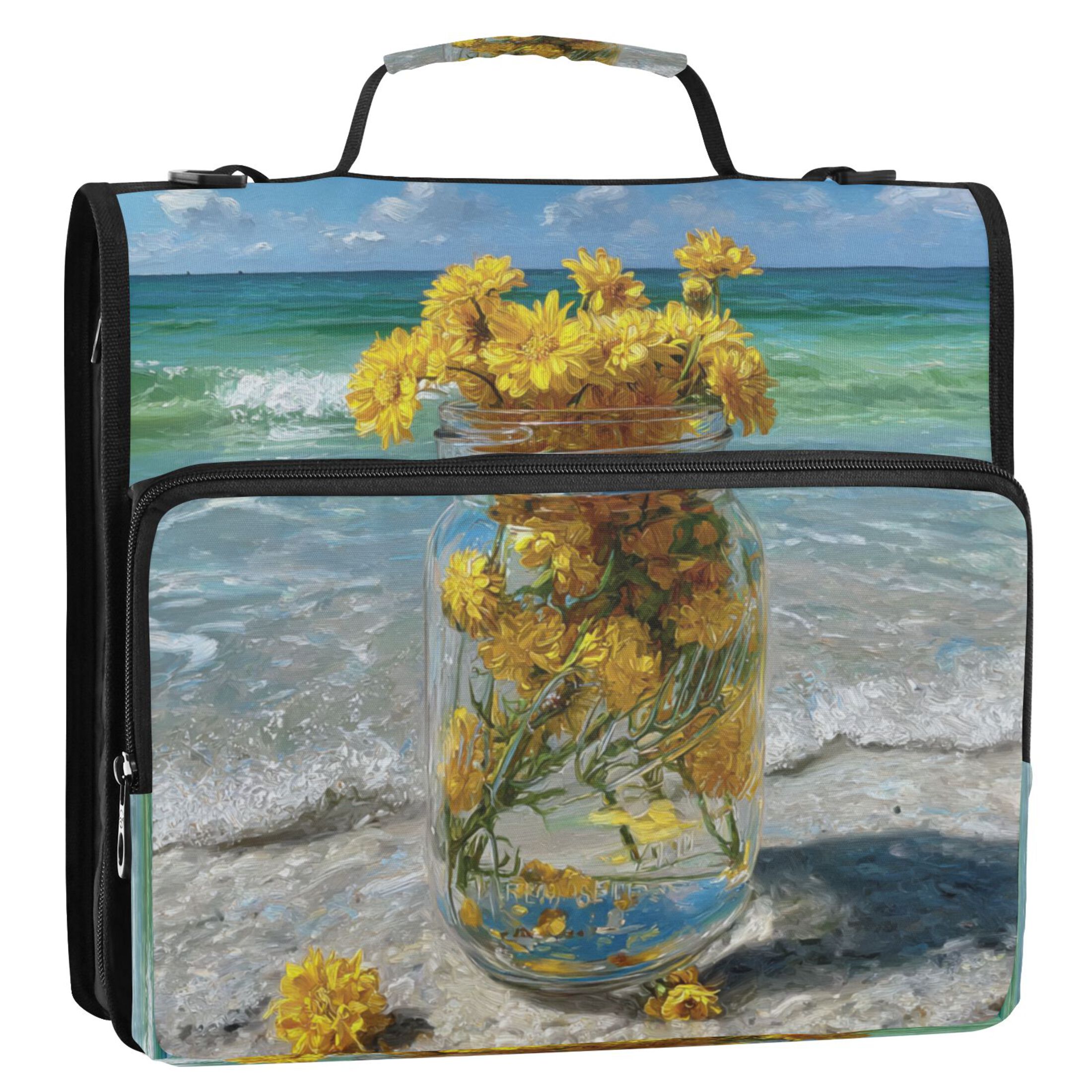 Zipper Binder 3 Rings Stationery Office Files Daily Organizer File Folder Storage Bag Yellow Daisy Glass Jar
