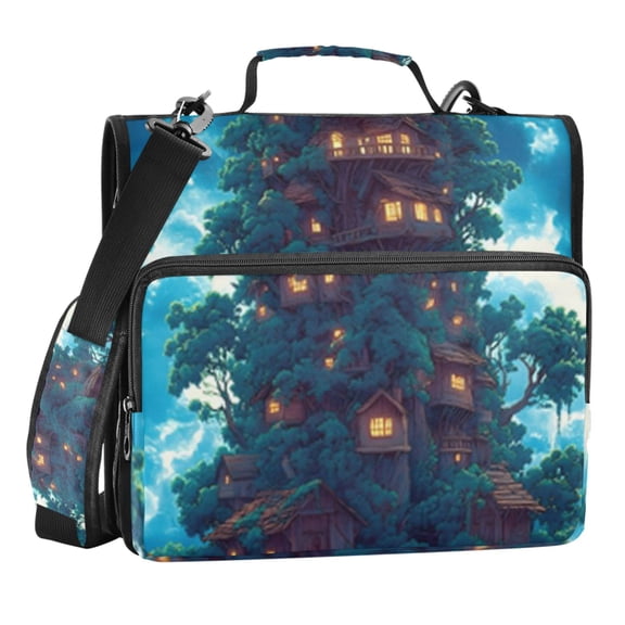 Zipper Binder Anime Style Wooden House 1.5 Inch Binder Folder Bag with Shoulder Strap and Handle