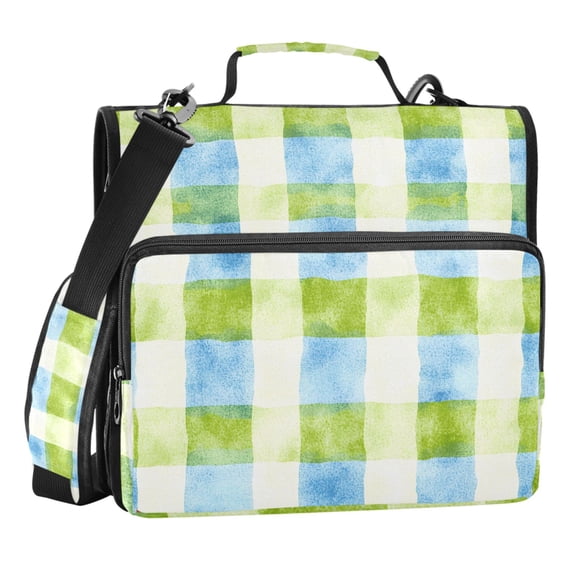 Zipper Binder Aqua Green Check 1.5 Inch Binder Folder Bag with Shoulder Strap and Handle