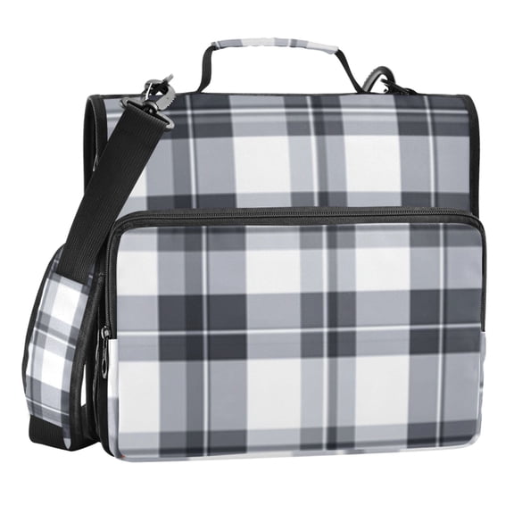 Zipper Binder Black and White Grid 1.5 Inch Binder Folder Bag with Shoulder Strap and Handle