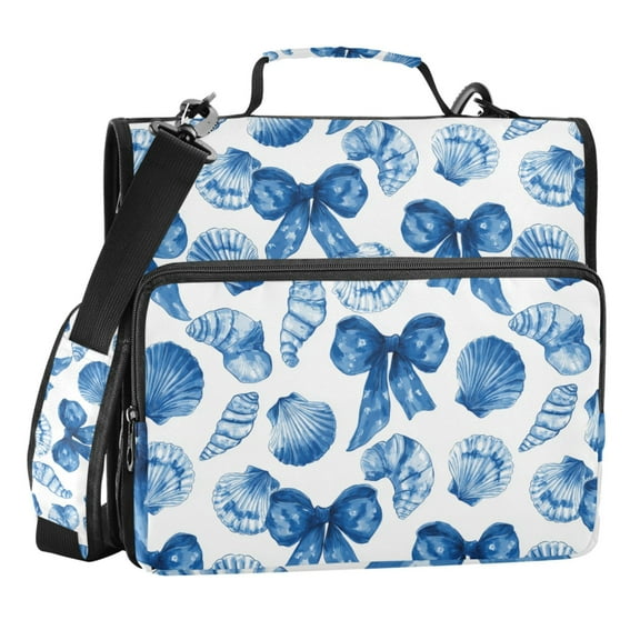 Zipper Binder Blue Bow and Blue Shells 1.5 Inch Binder Folder Bag with Shoulder Strap and Handle