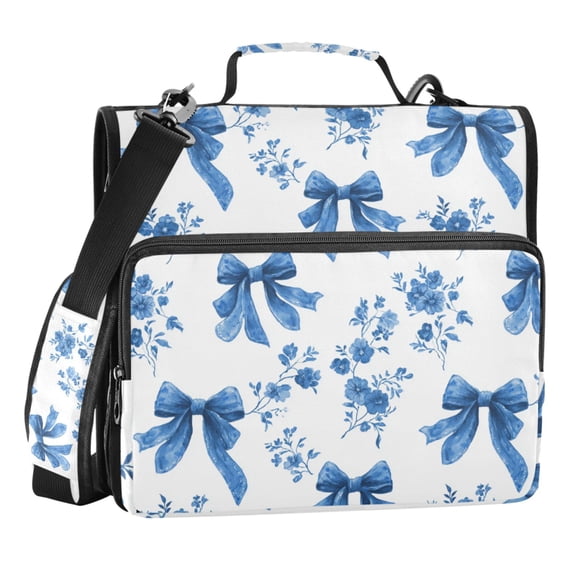 Zipper Binder Blue Bows and Flower 1.5 Inch Binder Folder Bag with Shoulder Strap and Handle