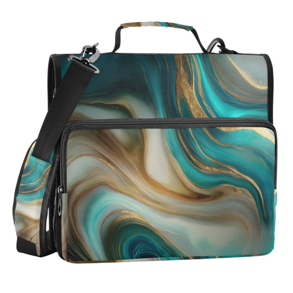 Zipper Binder Blue Teal Gold Background Texture 1.5 Inch Binder Folder Bag with Shoulder Strap and Handle