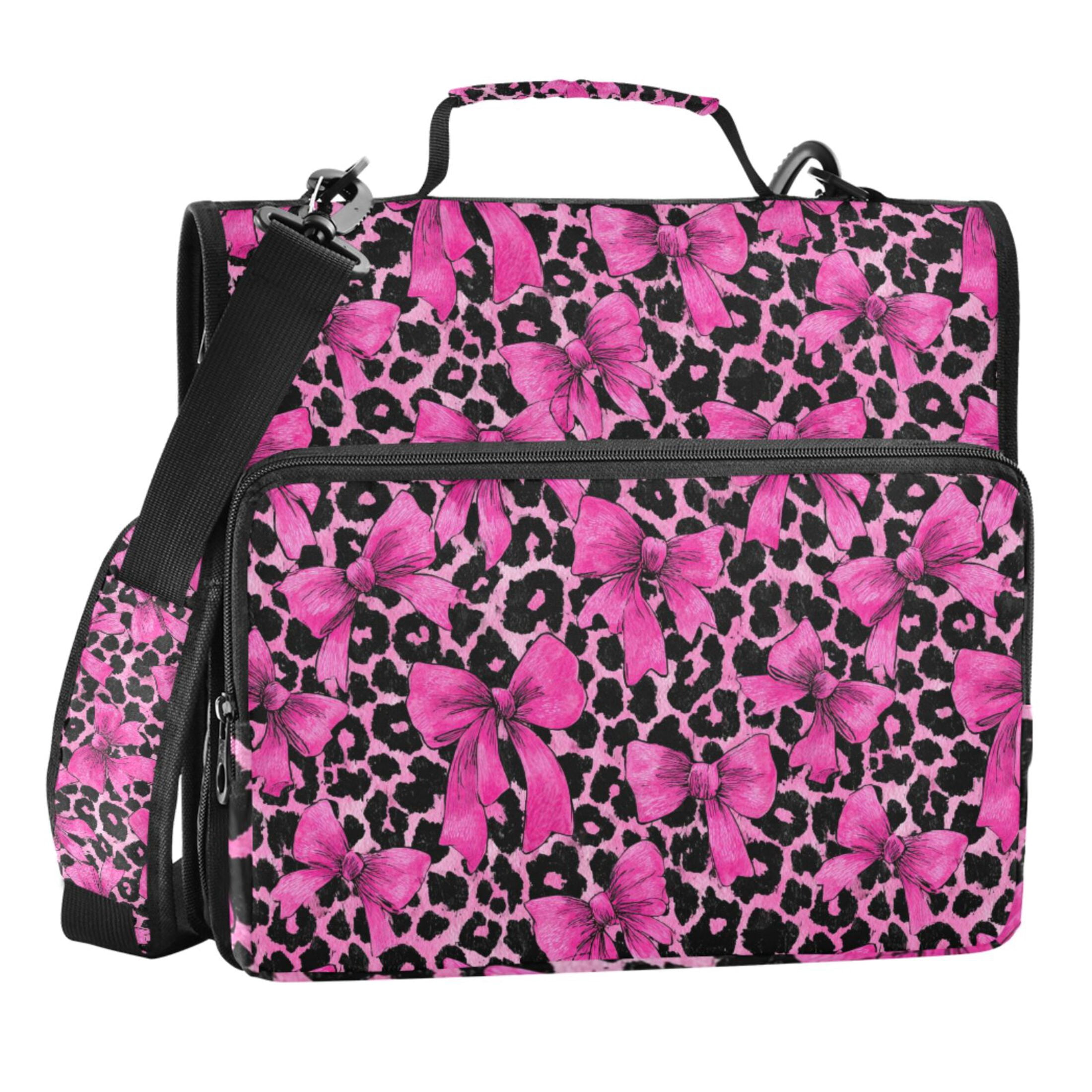 Zipper Binder Bow and Leopard Print 1.5 Inch Binder Folder Bag with Shoulder Strap and Handle