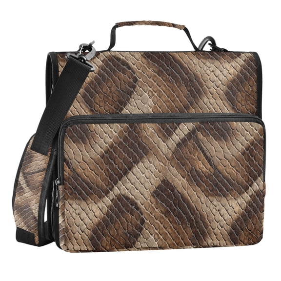 Zipper Binder Brown Python Leather 1.5 Inch Binder Folder Bag with Shoulder Strap and Handle