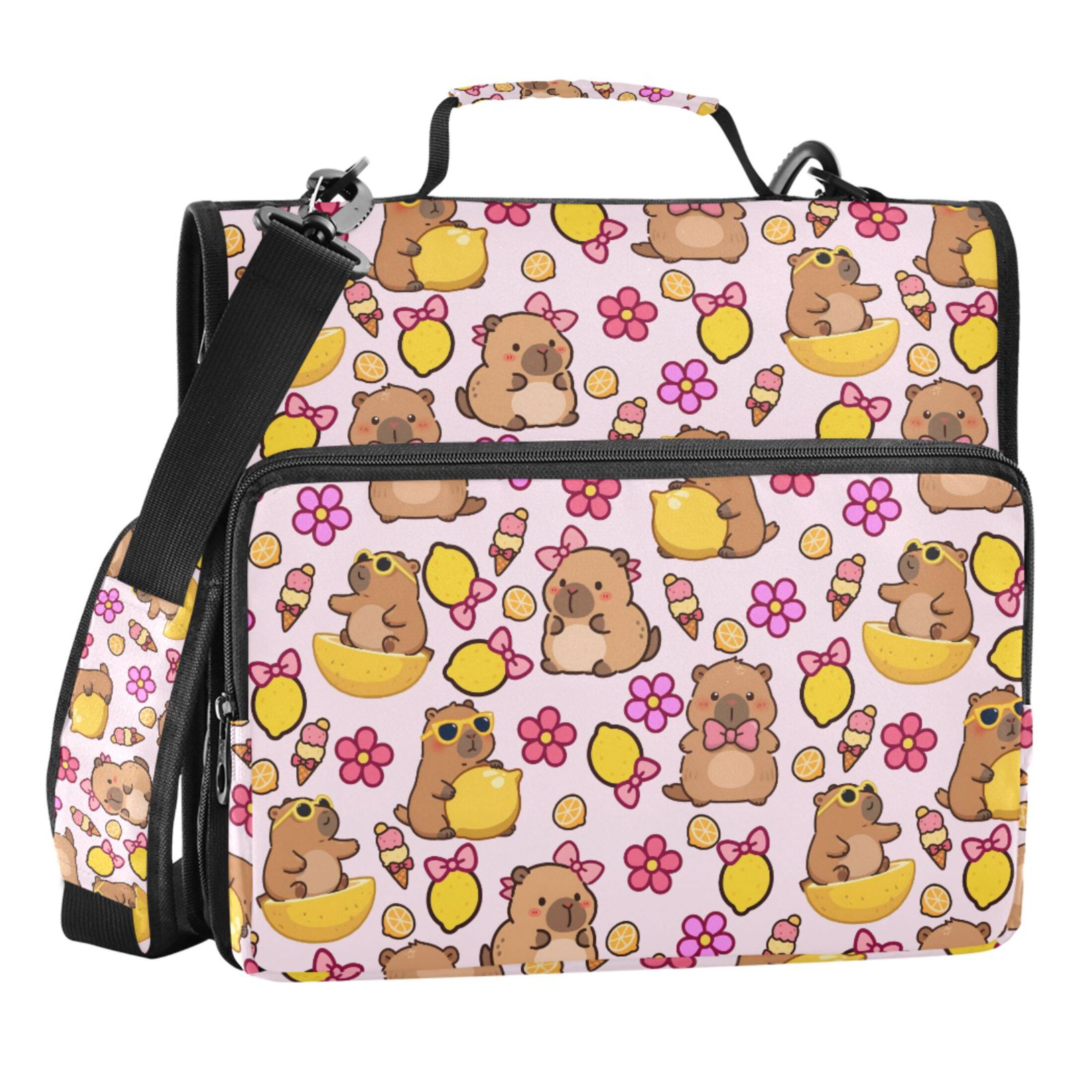 Zipper Binder Capybara Lemon Flower 1.5 Inch Binder Folder Bag with Shoulder Strap and Handle