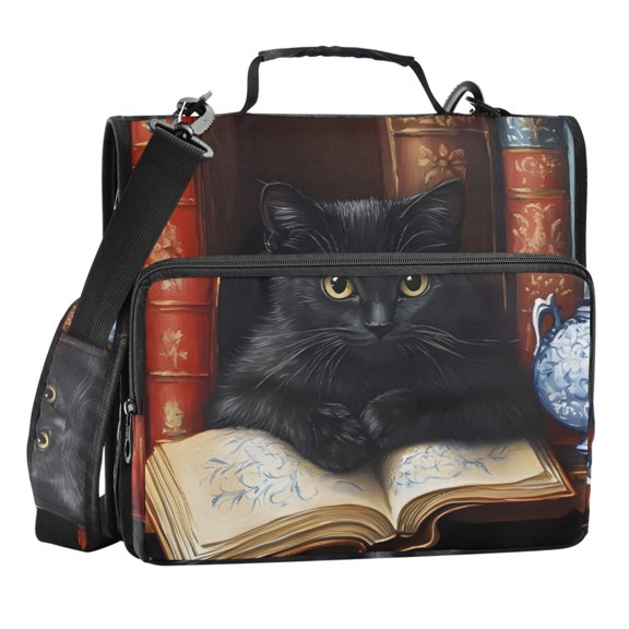 Zipper Binder Cat Books 1.5 Inch Binder Folder Bag with Shoulder Strap and Handle