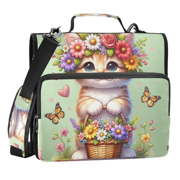 Zipper Binder Cat Flower Sage Green 1.5 Inch Binder Folder Bag with Shoulder Strap and Handle