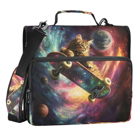 Zipper Binder Cat Skateboard Starry Sky 1.5 Inch Binder Folder Bag with Shoulder Strap and Handle