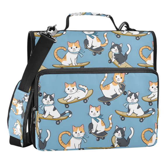 Zipper Binder Cat Skateboard Surfboard 1.5 Inch Binder Folder Bag with Shoulder Strap and Handle