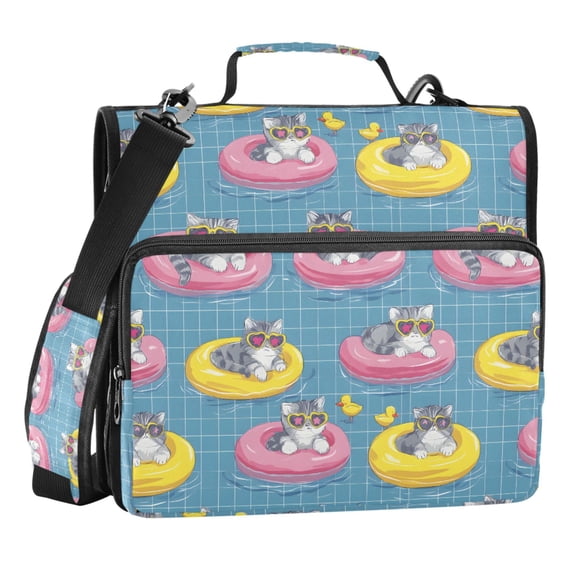 Zipper Binder Cat Swimming Ring 1.5 Inch Binder Folder Bag with Shoulder Strap and Handle