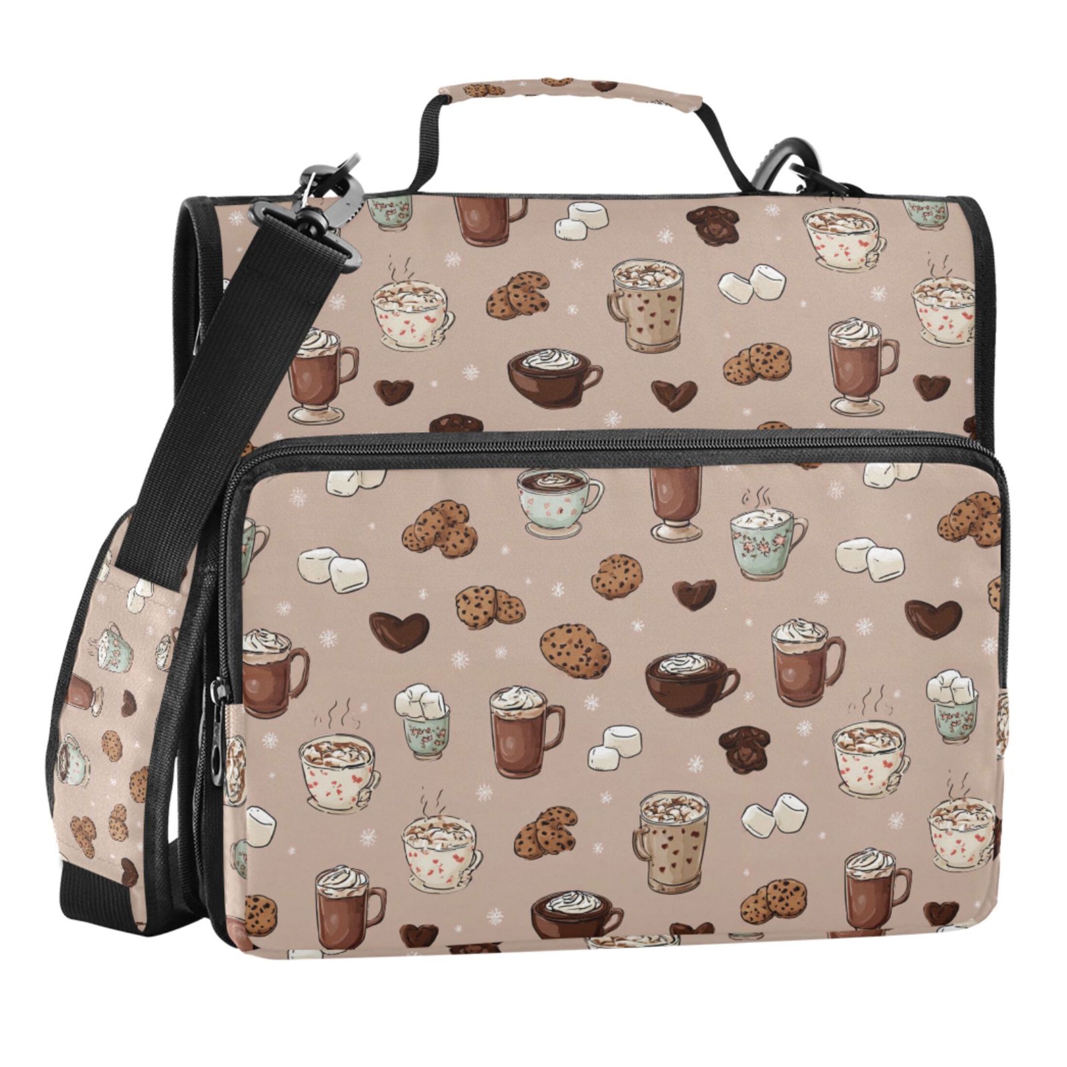 Zipper Binder Coffee Cookies 1.5 Inch Binder Folder Bag with Shoulder Strap and Handle