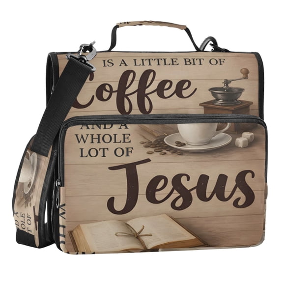 Zipper Binder Coffee and Books 1.5 Inch Binder Folder Bag with Shoulder Strap and Handle