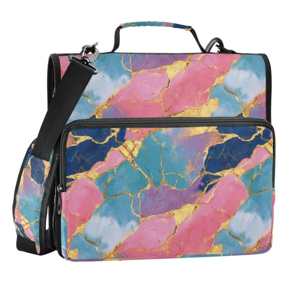 Zipper Binder Colorful Marble with Gold Veins 1.5 Inch Binder Folder Bag with Shoulder Strap and Handle