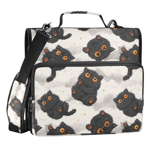 Zipper Binder Cute Little Black Cat 1.5 Inch Binder Folder Bag with Shoulder Strap and Handle