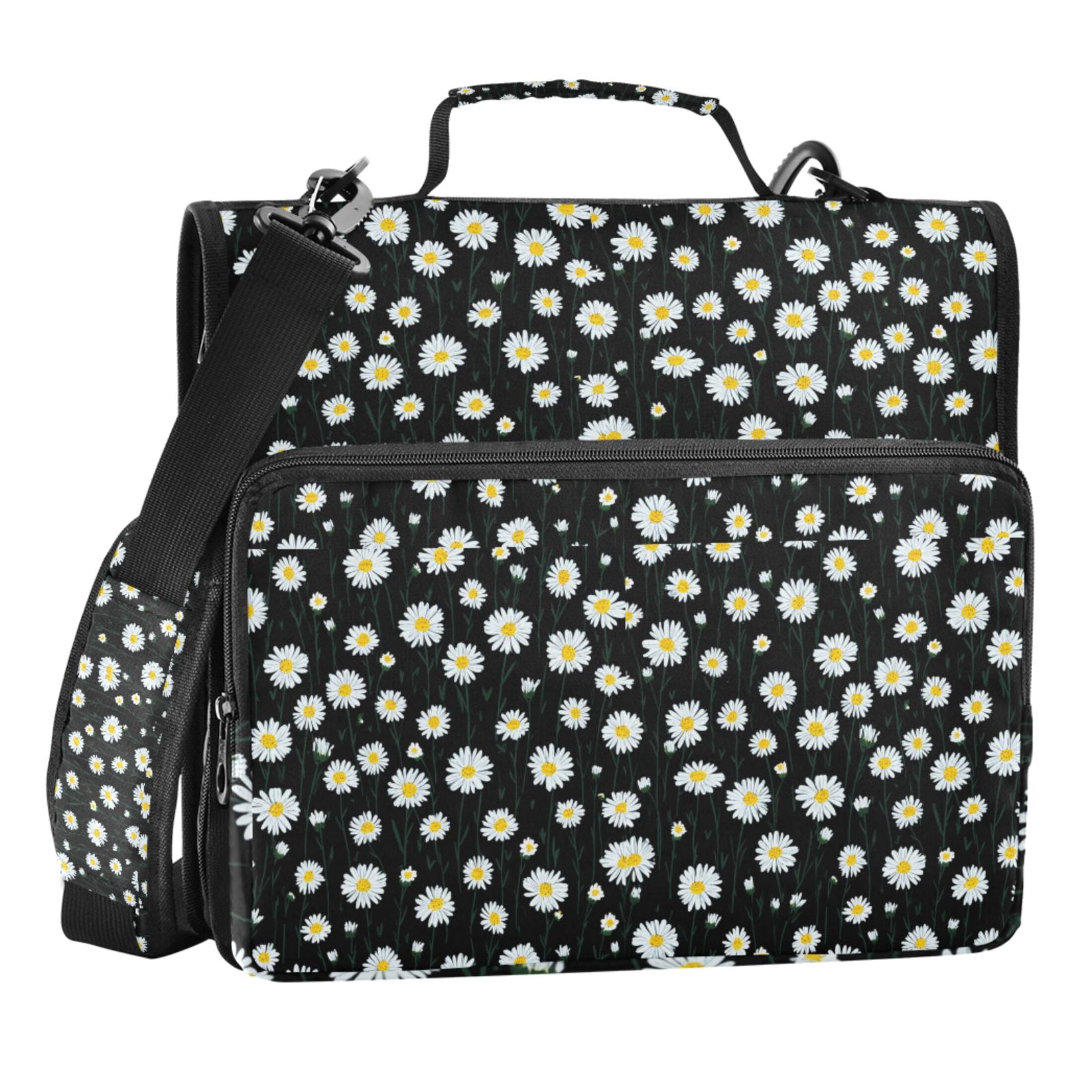 Zipper Binder Daisy Black Background 1.5 Inch Binder Folder Bag with Shoulder Strap and Handle
