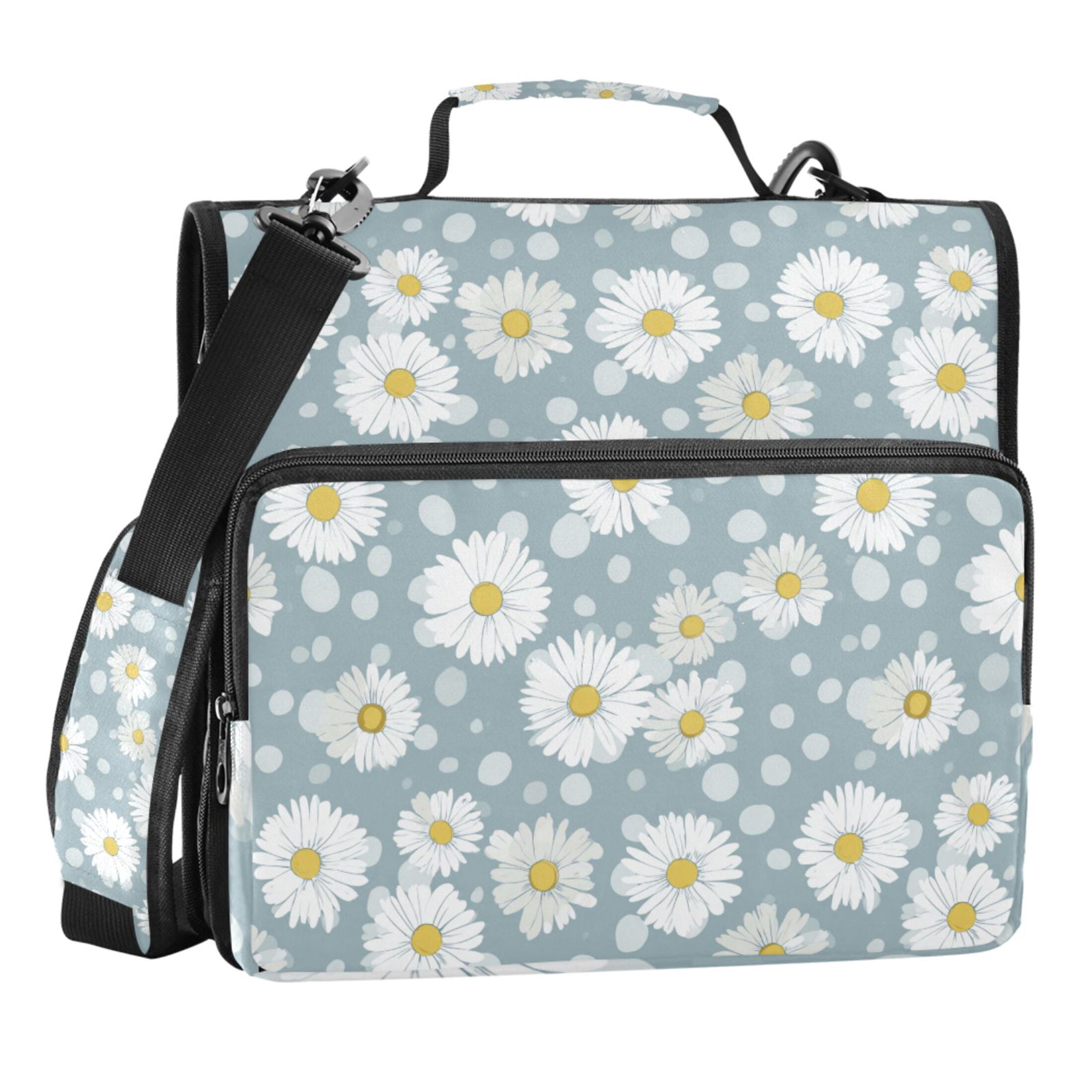 Zipper Binder Daisy Blue and White 1.5 Inch Binder Folder Bag with Shoulder Strap and Handle