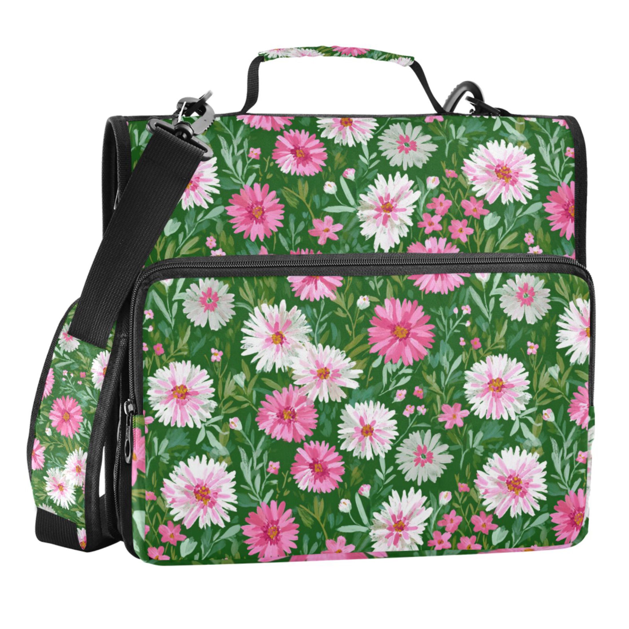 Zipper Binder Daisy Pink and White 1.5 Inch Binder Folder Bag with Shoulder Strap and Handle