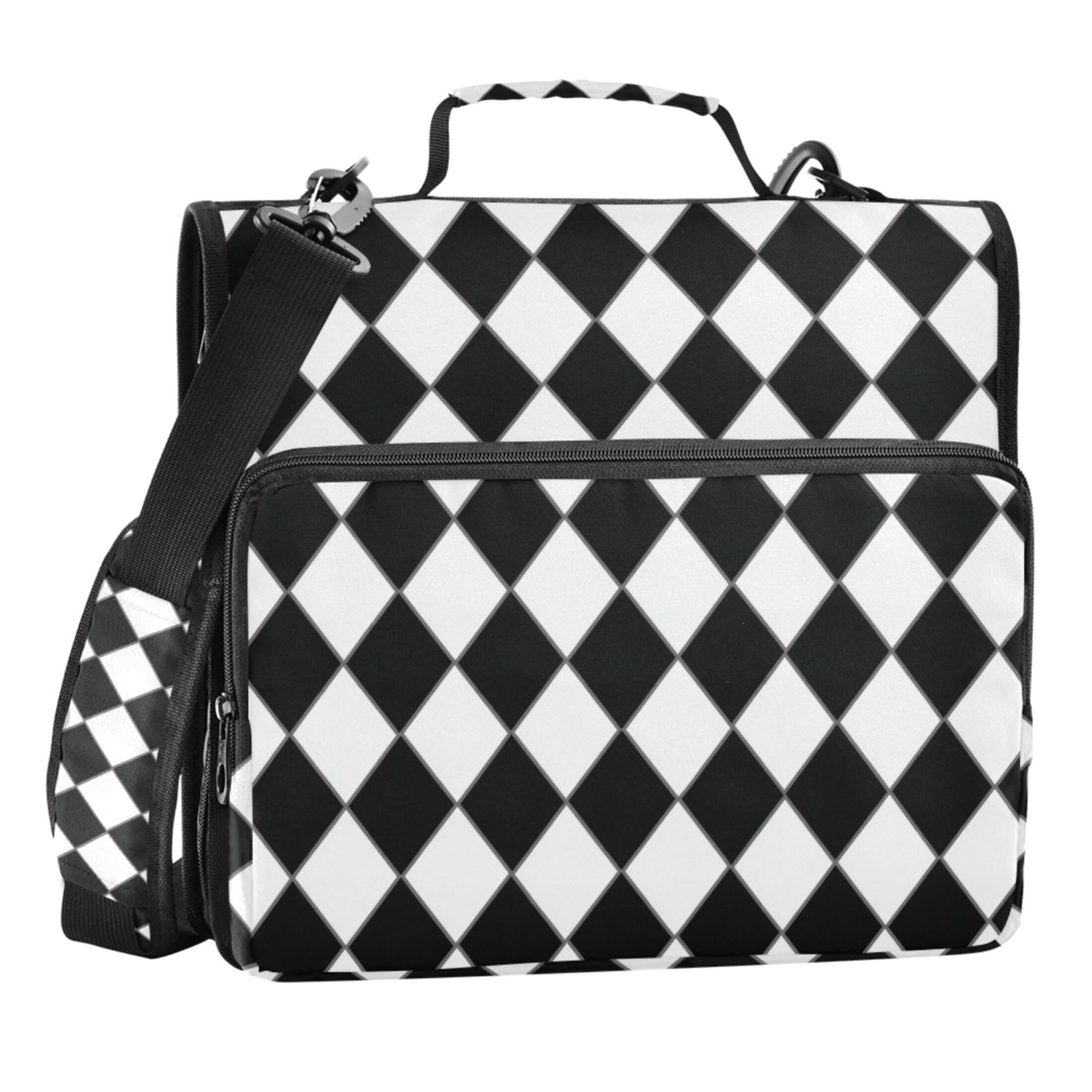 Zipper Binder Diamond Black and White Grid 1.5 Inch Binder Folder Bag with Shoulder Strap and Handle