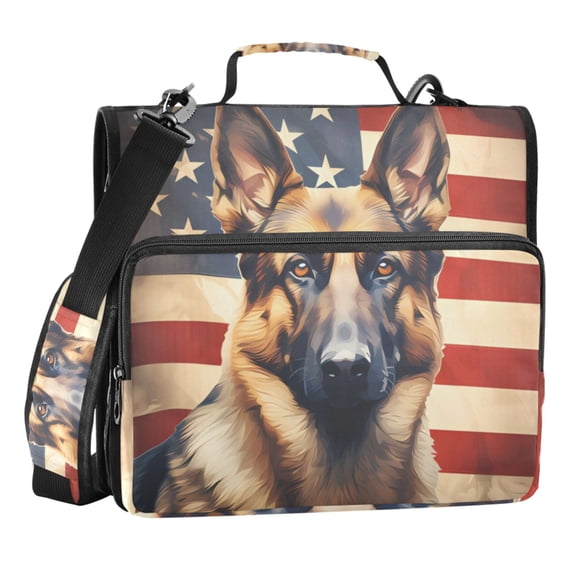 Zipper Binder Dog German Shepherd American Flag 1.5 Inch Binder Folder Bag with Shoulder Strap and Handle